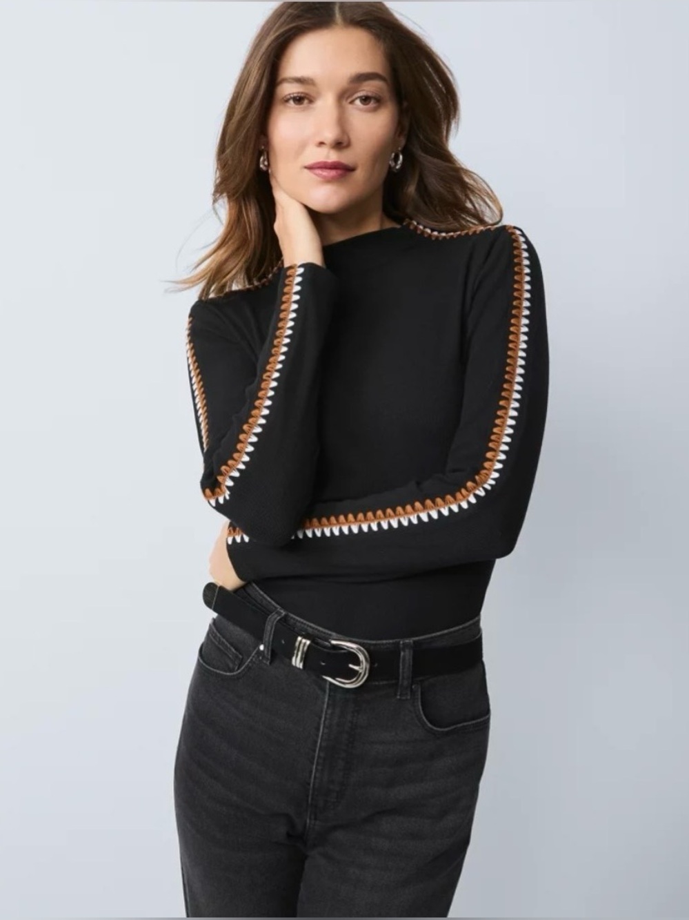 Ann Taylor Black Long Sleeve Top with Tan Contrast Stitching Size XS